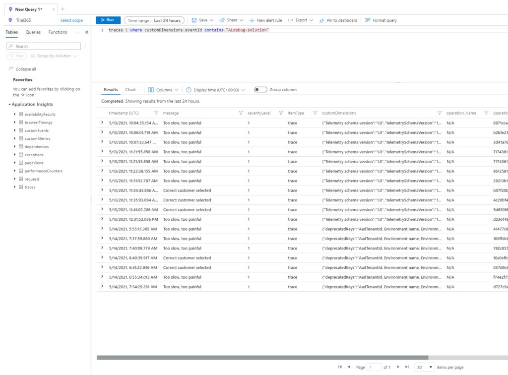 Azure Application Insights Logs query interface